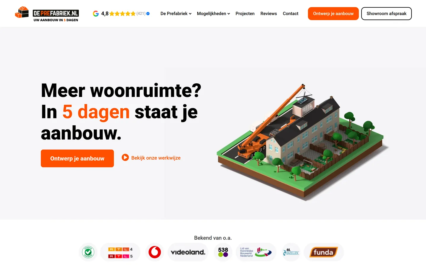 Website van De Prefabriek, prefab aanbouw